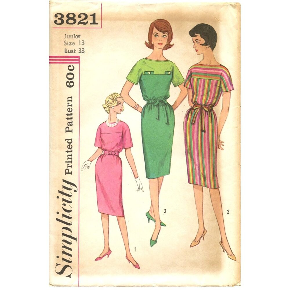 Simplicity 3821 Vintage Sewing Pattern Dress Sizes 13 Bust 33 Junior & Misses
